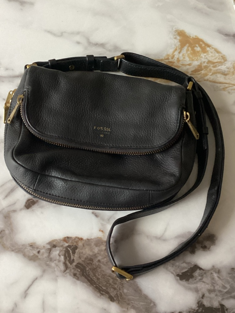 Fossil Black Pebbled Leather Crossbody with Gold Hardware
